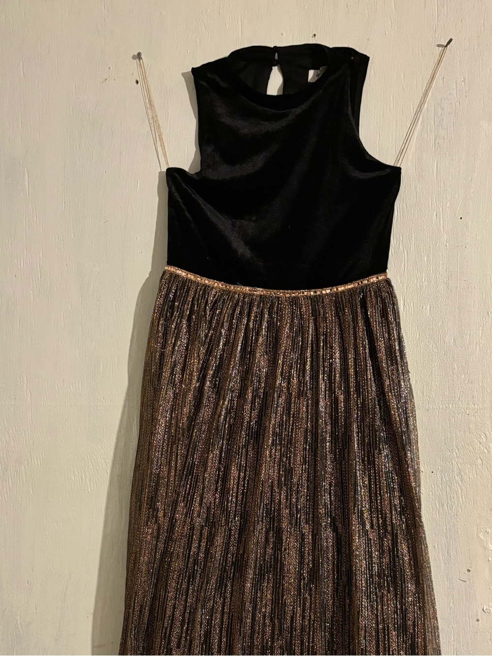Speechless Black Velvet Bodice with Metallic Bronze Pleated Maxi Skirt